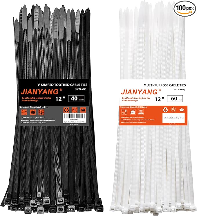 Zip Ties Heavy Duty 12+12 inch,V-Shaped Toothed Double Sided With 200 LBS Tensile Strength Cable Ties ，Extra Large Wire Ties Adjustable Nylon Tie Wraps for Indoor Outdoor Black and White（100 Pack）