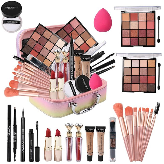 Makeup Kit for Teen Girls,All in One Makeup Kit for 2X16 Colors Eyeshadow Liquid Foundation Eyeliner Pencils Contouring Stick Lip Gloss Eyebrow Pencils 8Pcs Makeup Brushes etc (rainbow)-VeraVaultWomen
