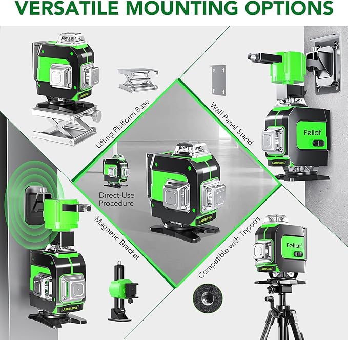 Laser Level, 4x360° Self Leveling Green Cross Line Laser for Construction and Picture Hanging with Rechargeable battery, Remote Controller, Magnetic Rotating Stand