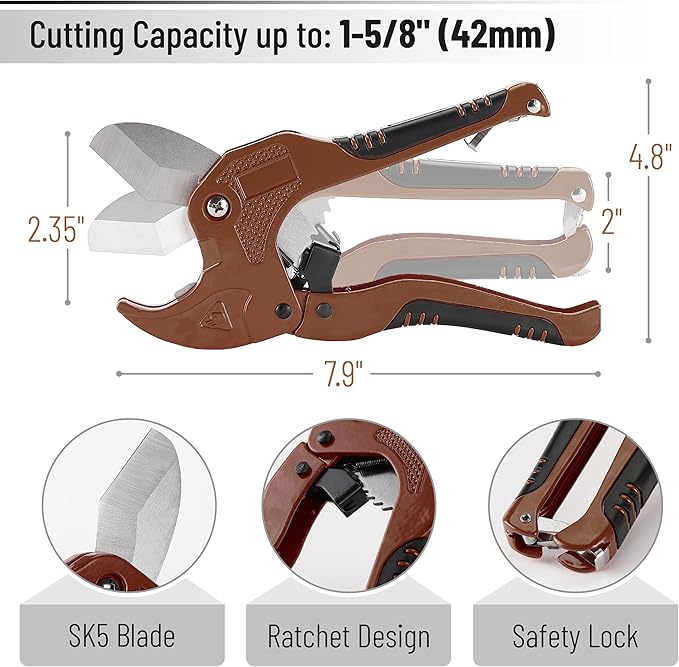 Bates- PVC Pipe Cutter, Cuts up to 1-5/8", Brown Ratcheting PVC Pipe Cutter Tool, Pipe Cutters PVC Pipe Shears, Plastic Pipe Cutter, PEX Pipe Cutter, PVC Cutter Tool, PVC Ratchet Cutter
