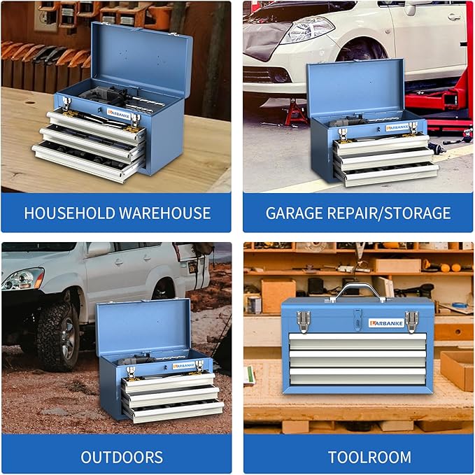 Metal Tool Box,3 Drawer Tool Box with Top Storage Tray, Portable Tool Chest with Locking System and Drawer Liner, Hand Carrying Tool Chest for Garage,Home or Workbench