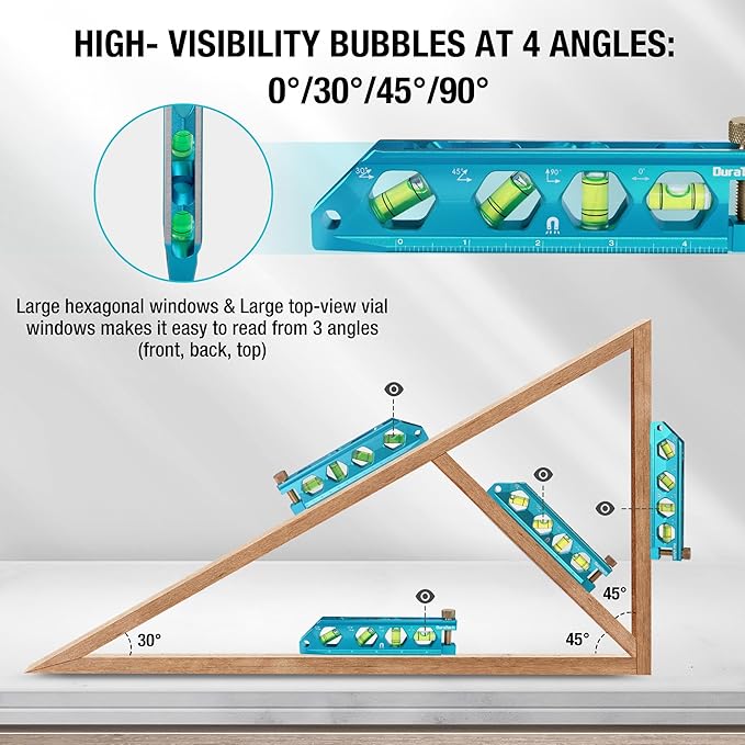 DURATECH 3-Piece Level Tool Set, Magnetic Torpedo Level Included 2.5", 6.25", 8" Leveler with 0°/30°/45°/90° Bubbles, V-Groove, Large Viewing Window, Aluminium Alloy Construction, SAE and Metric Scale