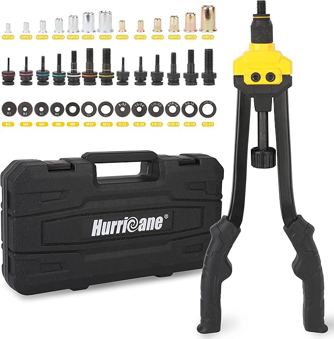 HURRICANE 16” Rivet Nut Tool, Hand Rivet Nut Tool with 13 Metric and SAE Mandrels, 130Pcs Threaded Rivet Nuts, Auto Release Nutsert Rivnut Tool, Durable Riveter Nutsert Hand Tool, Sturdy Plastic Case