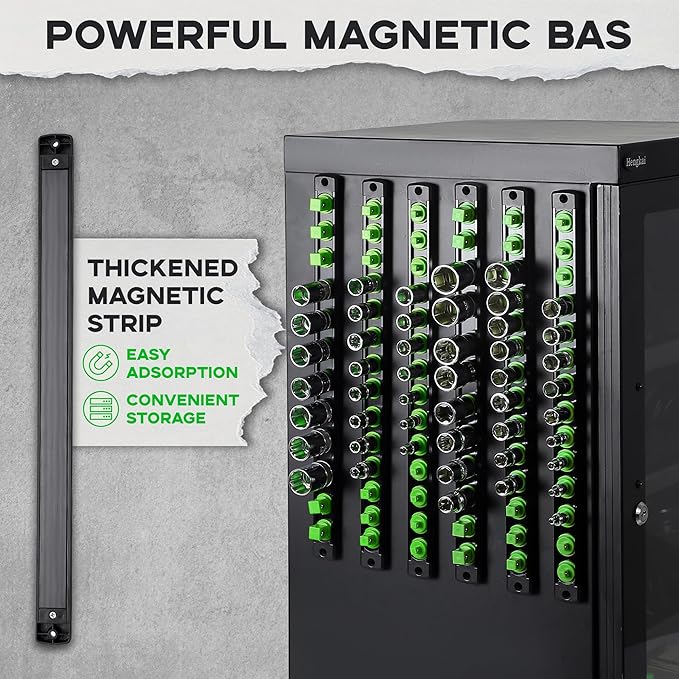 3-Piece Magnetic Socket Organizer, Heavy Duty Aluminum Socket Rails Organizer, 360° Swivel Clips Socket Holder Kit for Tool Box, 1/2, 3/8, 1/4-Inch Socket Holder x 40 Clips (Green)