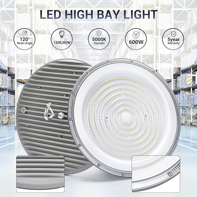2 Pack 600W UFO Led High Bay Light,120VAC,5000K Daylight Commercial Bay Lighting,IP66 Waterproof,85050LM,2550W MH/HPS with Plug Area Lighting for Warehouse/Shop/Workshop/Barn/Gym/Factory