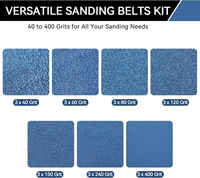 3x21 Inch Sanding Belts 21 Pcs 7 Grits Sizes (3 Each of 40/60/80/120/150/240/400 Grits) Heavy Duty Belt Sander Zirconia Belt Sander Paper for Wood, Metal, Stainless Steel, Cars, and Furniture