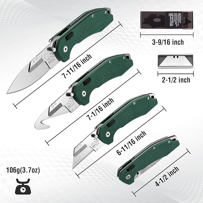 FLISSA Folding Utility Knife, 3-in-1 EDC Knife with Drop Point, Gut Hook & Replaceable Blades, Quick Change, Liner Lock, G10 Handle, Belt Clip for Outdoor & Everyday Use, Includes 16 Blades