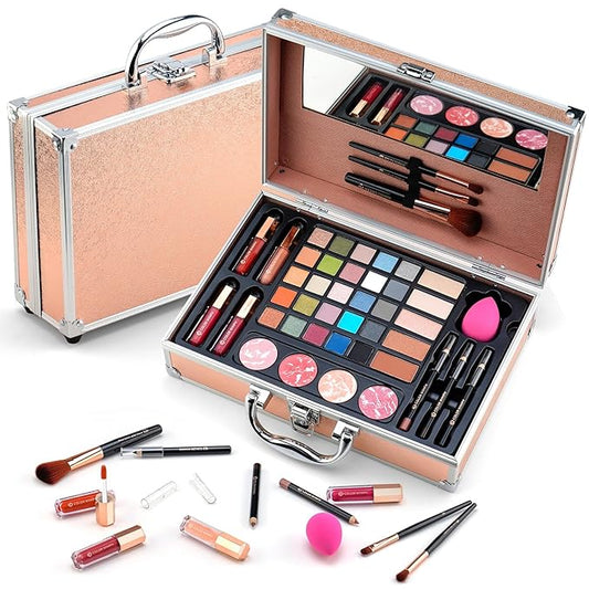 Makeup Kit for Women,All in One Makeup Gift Set for Girls in Cosmetic Train Case (Gold) With Mirror,Full Starter Cosmetic Kit Includes Eyeshadow Palette,Lipgloss,Blushes-VeraVaultWomen