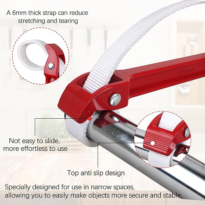 Strap Wrench/Adjustable Nylon Strap Pipe Wrenches 12" Aluminum handle Strap Opener Wrench for Dismantling Oil Filter，Nylon Strap Pipe Wrenchs for Use On Any Polished Pipe （Double nylon strap）