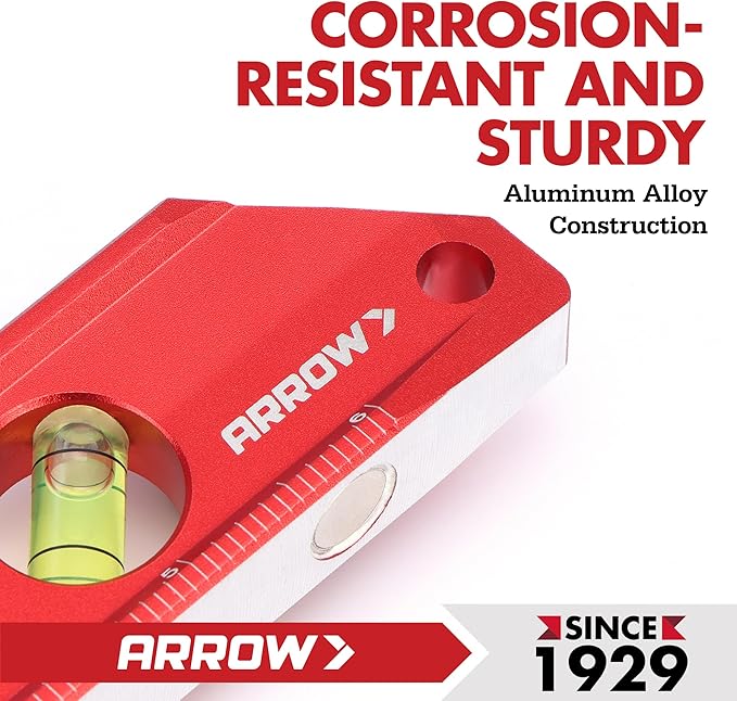 ARROW 8-Inch Torpedo Level, Magnetic Level Tool with 0°/30°/45°/90° Bubbles, Top-view Windows, Aluminium Alloy Frame, Dual Metric and SAE Scales