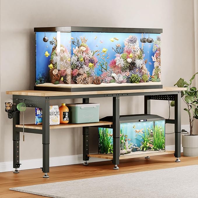 SPECRAFT Adjustable 2-Tier Workbench with 4 AC Outlet and 2 USB Ports Power Outlets, 2000 Lbs Capacity Heavy Duty Workbench, Rubber Wood Top for Garage, Workshop, Office（84x20in）