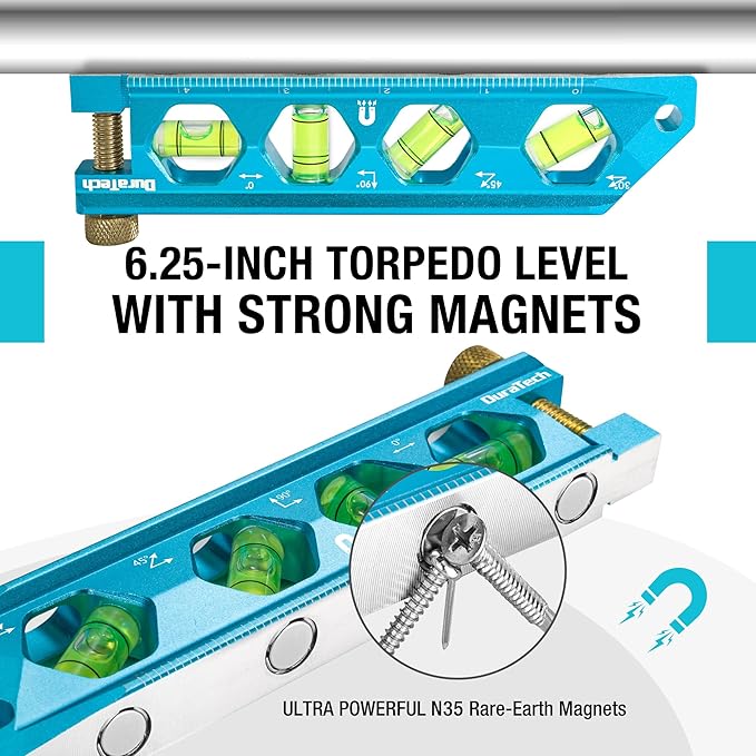 DURATECH 6.25-Inch Level, Magnetic Torpedo Level with 0°/30°/45°/90° Bubbles, V-Groove, Large Viewing Window, Aluminum Alloy Body, Hanging Hole, SAE and Metric Scale for DIY Projects and Household Use