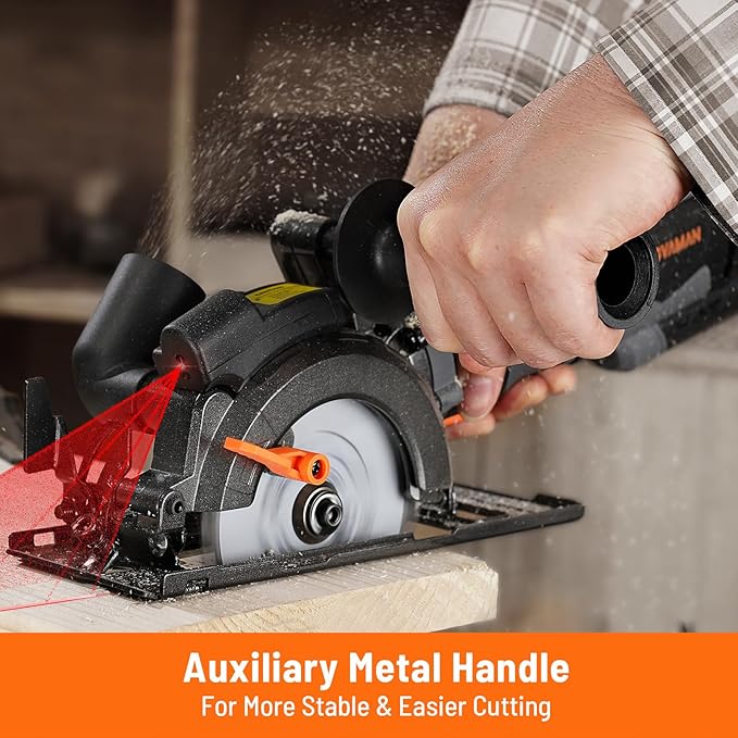 Circular Saw, 5.8A 4-1/2" Circular Saw w/Laser, Metal Auxiliary Handle, 6 Blades (4½", 4¾"), Cutting Depth 1-11/16" (90°), 1-3/8" (45°), Ideal for Wood, Soft Metal, Plastic, Tile - MCS01A