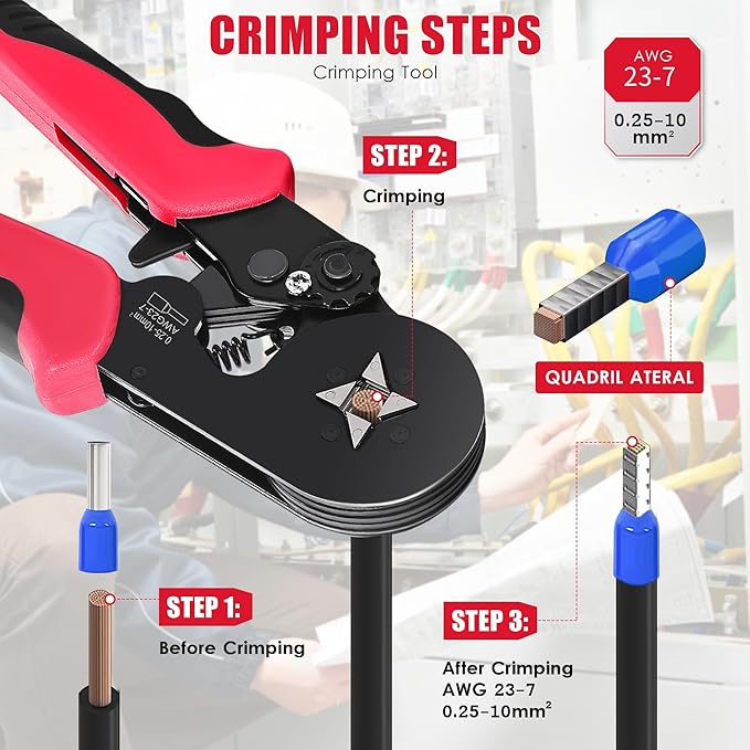 Ferrule Crimping Tool Kit, Square Crimping Tools, AWG 23-7 Self-adjustable Ratchet Wire Crimping Tool Kit Crimper Plier Set with 1200PCS Wire Connectors