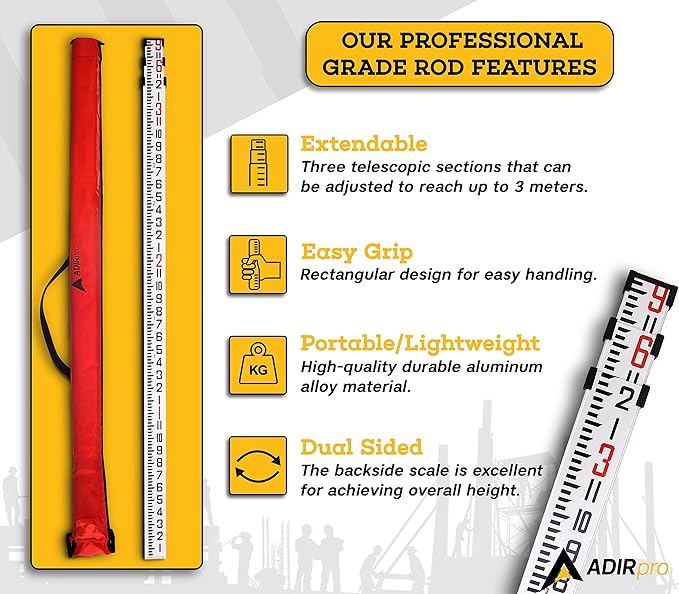 AdirPro 9-Foot Aluminum Grade Rod – 8ths, Dual Sided 5-Section Telescopic Leveling Rod – Bubble Level and Soft Carrying Case Included