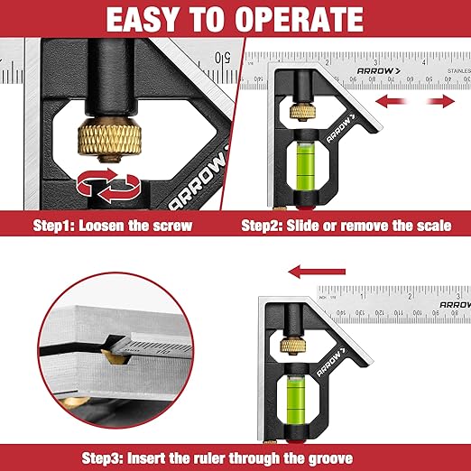 Arrow Combination Square, 6-Inch Combo Square with Stainless Steel Ruler, Zinc Alloy Body and Bubble Level for Carpenters and Craftsmen