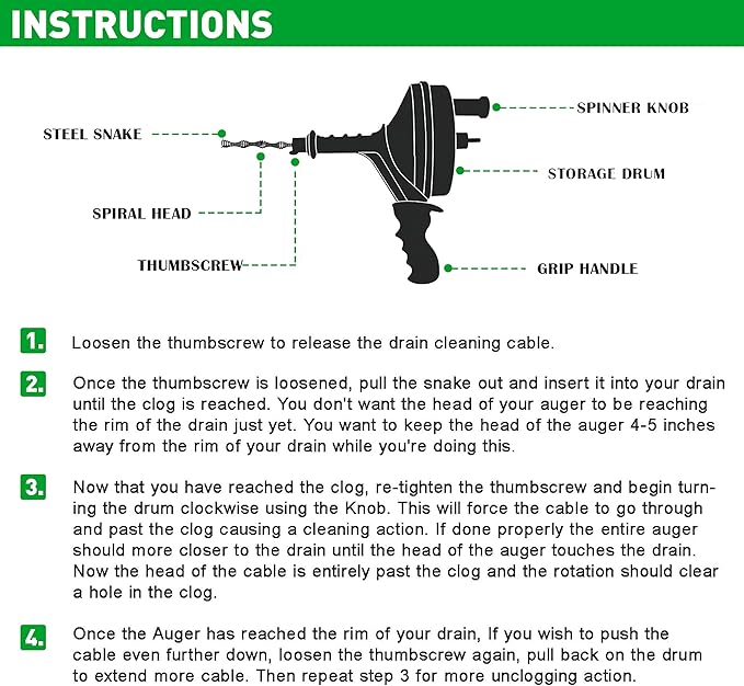 BACOENG 25Ft Drain Auger, Heavy Duty Plumbing Snake with Drill Adapter, Use Manually or Powered for Drain Clog, Shower Sink, Comes with Gloves and Bag (Green)