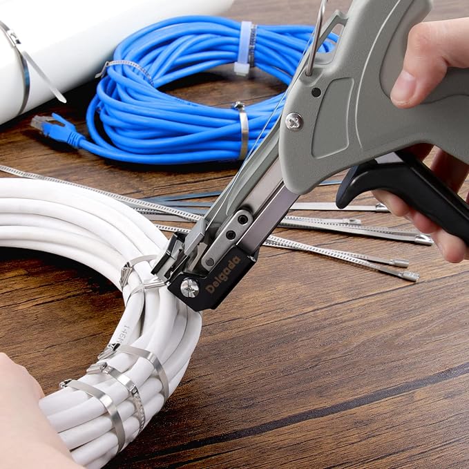 Delgada Metal Cable Tie Gun for Stainless Steel Ties, Professional Automatic Tightening Cutting Ratchet Tie Clamp,4-level Adjustable Fastening Tie Tool