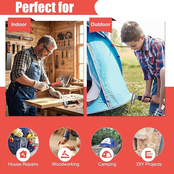 Upgrades 16oz & 8oz Claw Hammer Set with Magnetic Nail Holder, Non-Slip Grip, Dual Nail Grooves Ergonomic Handle for Precision & Safety