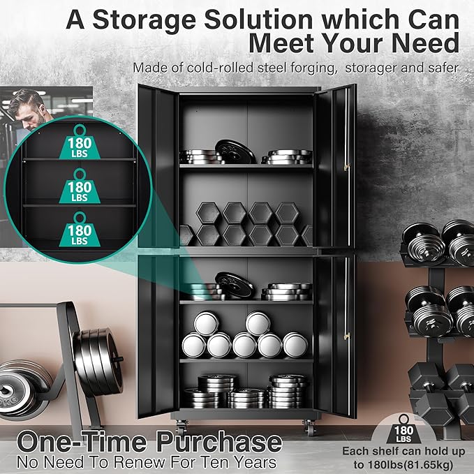 SISESOL Metal Storage Cabinet with Wheels,73" Rolling Garage Storage Cabinet with Lock,Black Metal Cabinets with Shelves and 4 Doors,Tall Tool Cabinets on Wheels for Garage,Home,Office,Shop