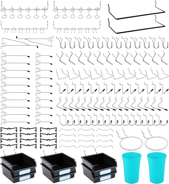 FRIMOONY Pegboard Hooks, with Bins, Peg Locks, for Organizing Various Tools, 204 PCS, 80 of Which are Locks