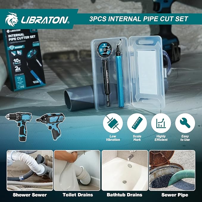 Libraton Inside Pipe Cutter for PVC Pipe, Internal Plastic Cutter Plumbing Tools Set with Deburring Tool, PVC Pipe Cutter Diamond Grit Cutting Wheel for Impact Drivers and Drills, PVC Cutter Tool