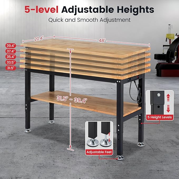 Workbench with Double Layers 48 x 20 Inch Heavy Duty Rubberwood Tabletop Work Table for Garage Adjustable Height Work Bench with Power Outlets Pegboard Pad for Woodworking Shop, Home, Office