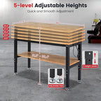 Workbench with Double Layers 48 x 20 Inch Heavy Duty Rubberwood Tabletop Work Table for Garage Adjustable Height Work Bench with Power Outlets Pegboard Pad for Woodworking Shop, Home, Office