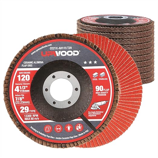 10 Pack Ceramic Flap Discs 4-1/2" x 7/8" Arbor for Angle Grinder, 120 Grit Type 29