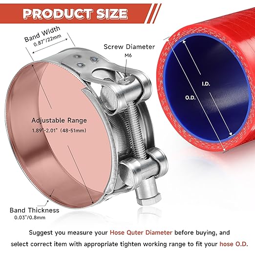 AKIHISA 4 Pack 48-51mm ID Range T-Bolt Hose Clamp,304 Stainless Steel Heavy Duty Pipe Strap Clamp