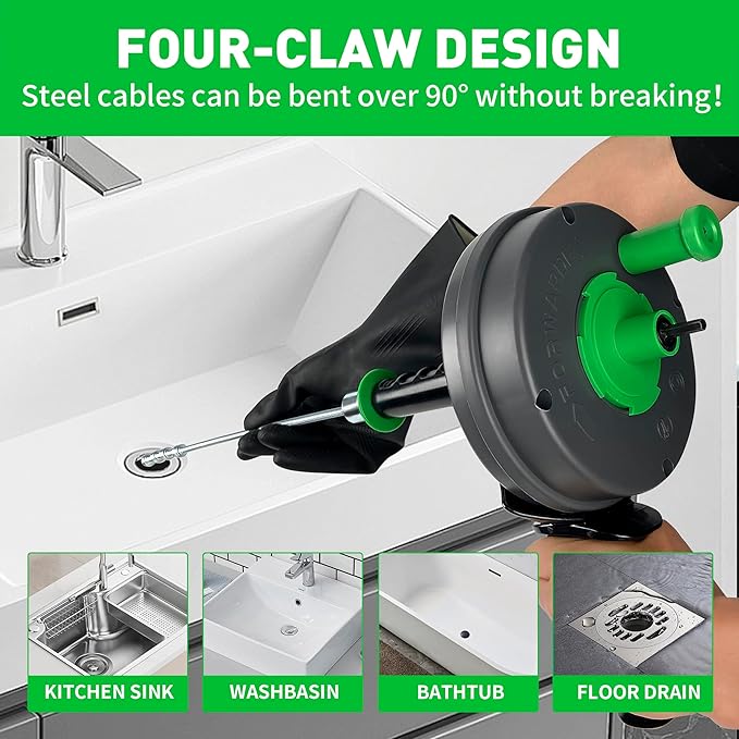 BACOENG 25Ft Drain Auger, Heavy Duty Plumbing Snake with Drill Adapter, Use Manually or Powered for Drain Clog, Shower Sink, Comes with Gloves and Bag (Green)