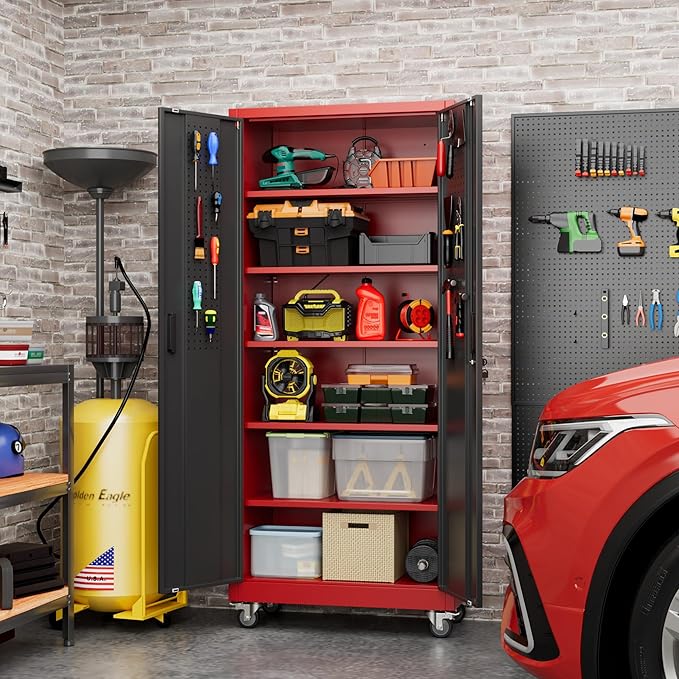 71" H×32" W×16" D Garage Storage Cabinet with Wheels, Locking Metal Storage Cabinet with 5 Adjustable Shelves, 4 Hooks and Pegboard for Garage, Home Office, Kitchen, Black and Red