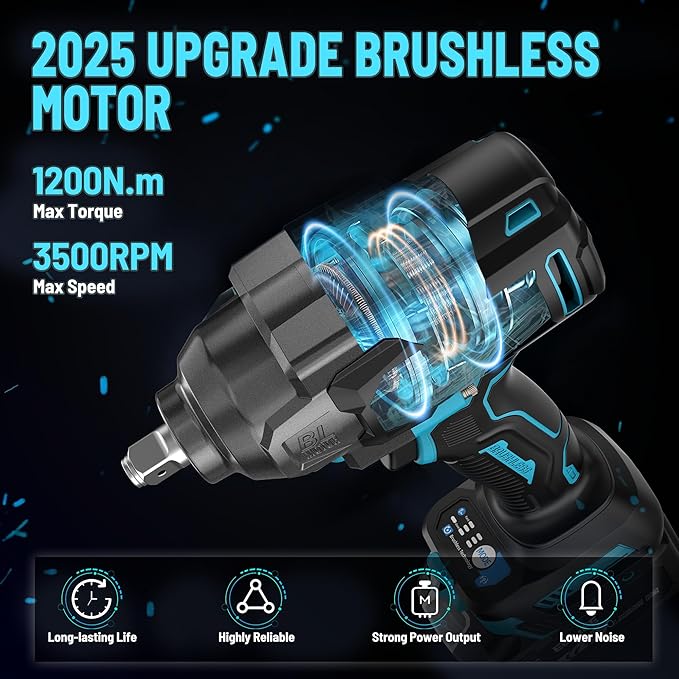 1200N.m (900Ft-lbs) Brushless Impact Wrench, 1/2" Cordless Impact Driver with 2x 4.0Ah Battery, Fast Charger & 5 Sockets, High Torque, Electric Impact Gun for Car/Truck/RV/Mower