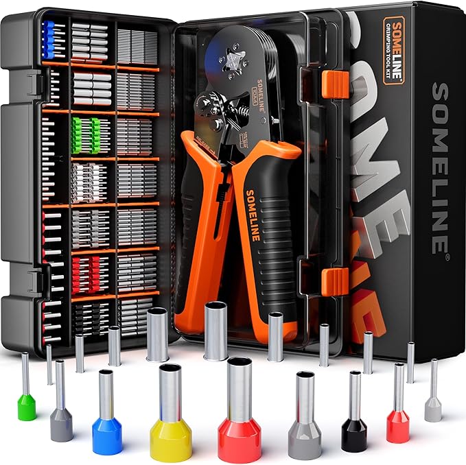 SOMELINE Ferrule Crimping Tool Kit, Self-Adjusting Pliers for Wire Ferrules AWG 24-8, With 18 Sizes Insulated and Non-insulated Wire Ferrules Terminals, Square Crimp Connector Assortment Kit