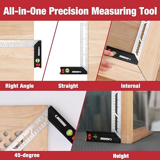 Arrow 10-Inch Try Square, Woodworking Square with Stainless Steel Blade, Aluminum Handle, 1-Inch Scribe Notches and Bubble Level, Layout and Marking Tool for Carpenters