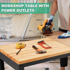 HABUTWAY Height Adjustable Workbench, 60"x20" 2000 Lbs Capacity Solid Wood Work Station Heavy-Duty, with Power Outlets, for Garage Party Shop Office