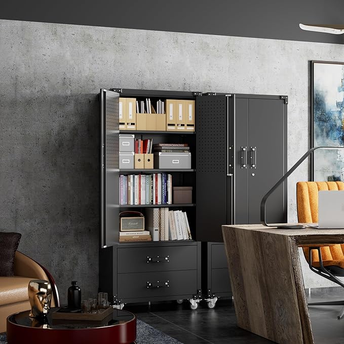 Aobabo 2 Large Drawer Metal Storage Cabinet with Wheels, Lockable Steel Storage Cabinet with 3 Adjustable Shelves and 6 Hooks for Home, Office, Garage, Classroom, Black, Assembly Required