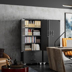 Aobabo 2 Large Drawer Metal Storage Cabinet with Wheels, Lockable Steel Storage Cabinet with 3 Adjustable Shelves and 6 Hooks for Home, Office, Garage, Classroom, Black, Assembly Required