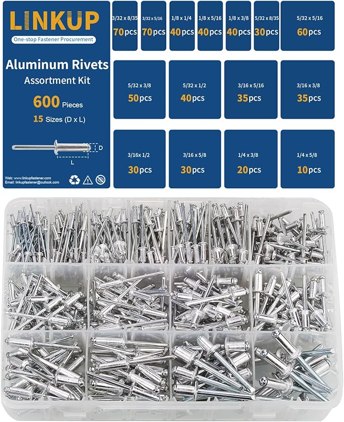 Linkup 600pcs 15 Sizes Pop Rivets Assortment Kit,Aluminum Rivets, Silver pop rivet set including 3/32" 1/8" 5/32" 3/16" 1/4" blind rivets for metal Dome Head rivet kit