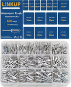 Linkup 600pcs 15 Sizes Pop Rivets Assortment Kit,Aluminum Rivets, Silver pop rivet set including 3/32" 1/8" 5/32" 3/16" 1/4" blind rivets for metal Dome Head rivet kit