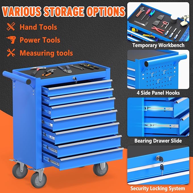 7 Drawers Large Capacity Rolling Tool Chest, Metal Tool Box with Wheels and Drawers, Tool Storage Cabinet with Keyed Locking, Tool Organizer Box for Garage, Workshop, Warehouse (Blue)