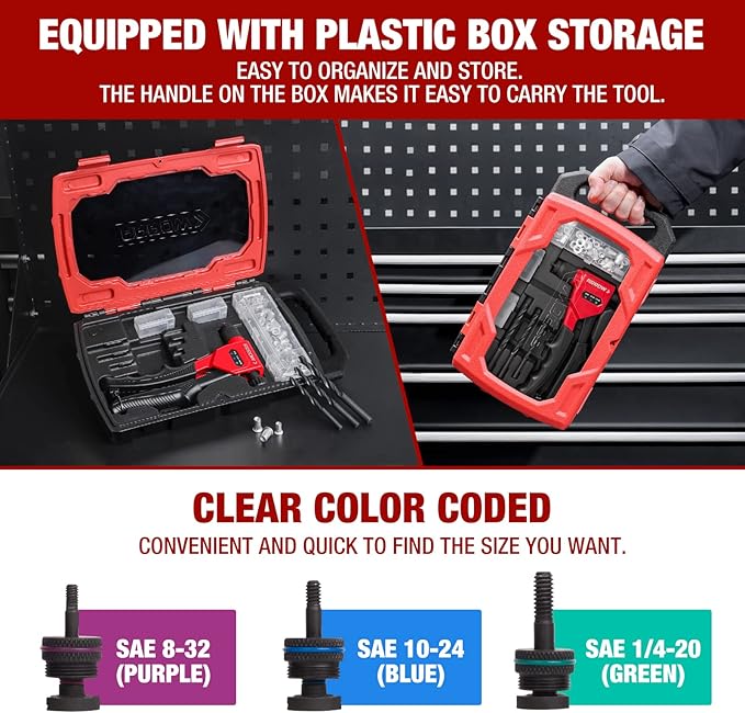 Arrow Rivet Nut Tool, 8" Rivet Nut Gun Kit Designed for Tight Space, Rivet Nut Setter with 3 Pcs Mandrels (8-32, 10-24, 1/4-20), 75 Pcs Rivnuts and 3 Pcs Drills, Sturdy Case Packed