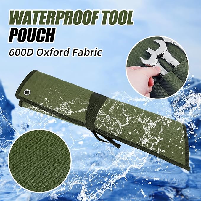 Wrench Roll Organizer 16 Pockets, Wrench Pouch Roll Up with Water Proof Oxford Cloth, Tool Roll Bag for Wrenches Organization, Green