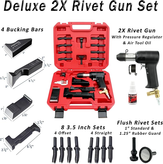 Wicks Aircraft 2X Deluxe Rivet Gun Set, Includes: 2X Rivet Gun, 4 Bucking Bars, 10 Rivet Sets, and Air Tool Oil.
