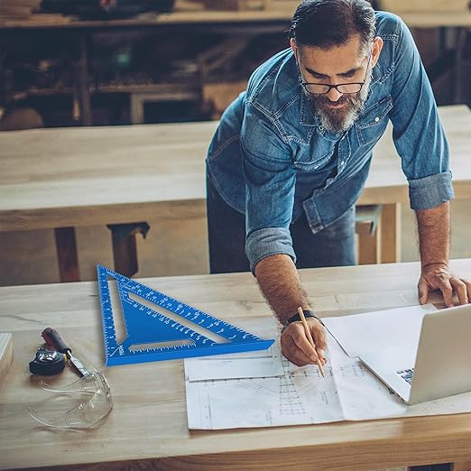 Beslands Aluminum 12-inch Rafter Square Carpenter Measuring Layout Tool Alloy Metal Triangle Ruler Imperial Protractor for Woodworking and Carpentry Blue