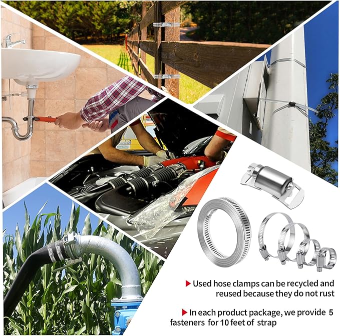 Hose Clamps 10FT Strap+5 Fasteners,DIY Cut-To-Fit 304 Stainless Steel Adjustable Large Worm Gear Band Clamp Assortment Kit,Metal Screw Fasteners and Strapping for Pipe,Duct,Pole,Tube
