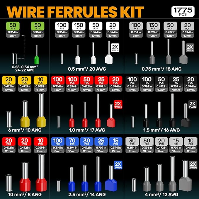 SOMELINE Ferrule Hexagonal Crimping Tool Kit, 36 Sizes Ferrules, AWG 24-8 Ferrule Crimper, with Hexagonal Crimper and Automatic Wire Stripper, Ferrule Terminal Assortment Kit (Stackable Tool Box)