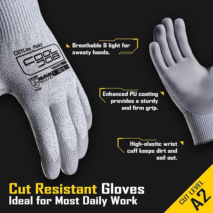 COOLJOB 12/120 Pairs Cut Resistant Safety Work Gloves with Grip, 13 Gauge Seamless Shell with PU Coating, ANSI A2 A4, Gray