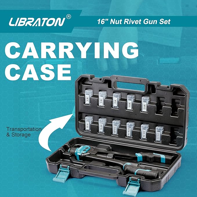 LIBRATON 16" Rivet Nut Tool, Rivet Nut Gun, Hand Rivet Nut Setter with 110PCS Rivet Nuts, 11PCS Metric & SAE Interchangeable Mandrels and Carrying Case, Easy Replace