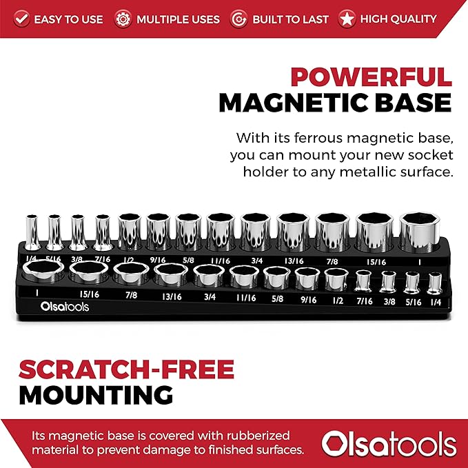 Olsa Tools Magnetic Socket Organizer | 3/8-Inch Drive | SAE | Black | Holds 26 Sockets | Professional Quality Tools Organizer